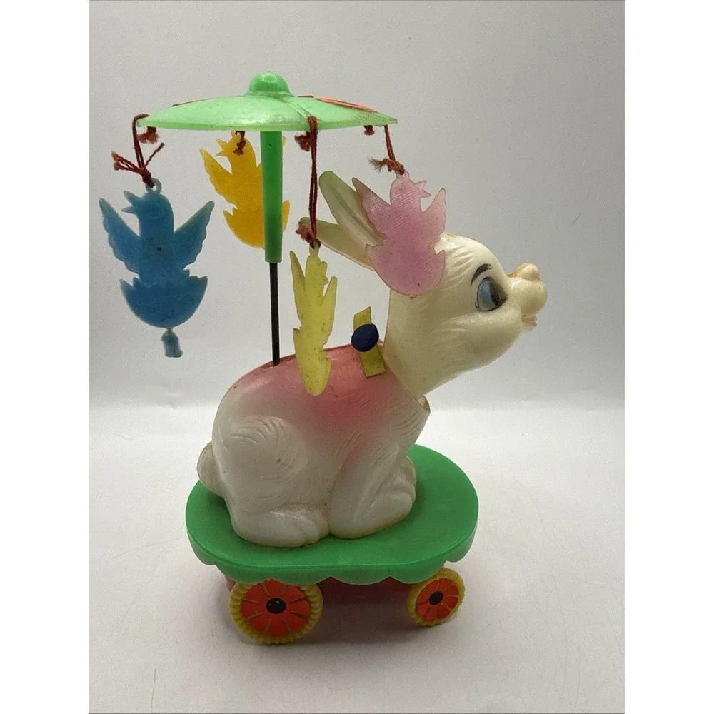 Vintage 60s Celluloid Wind Up  Toy Bunny Chicks Umbrella Bobble WORKS